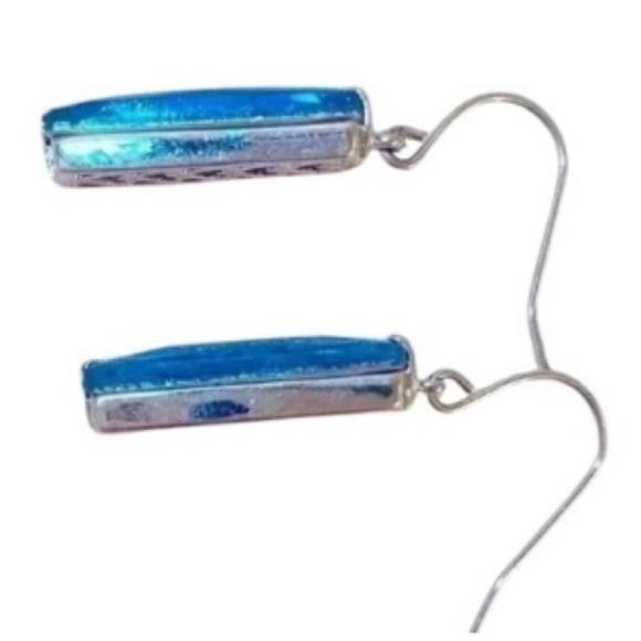 Vintage Aqua & Silver Tone Drop Rectangle Shaped Earrings w/ Fish Hook Closures - Picture 4 of 6